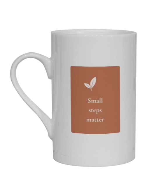A white ceramic mug with a terracota rectangular graphic on the front that reads 'Small steps matter' with a small leaf icon above, shown on a plain white background.