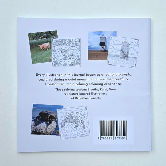 The back cover of a journal with text and several small illustrations, including a cow, a landscape and a turtle.