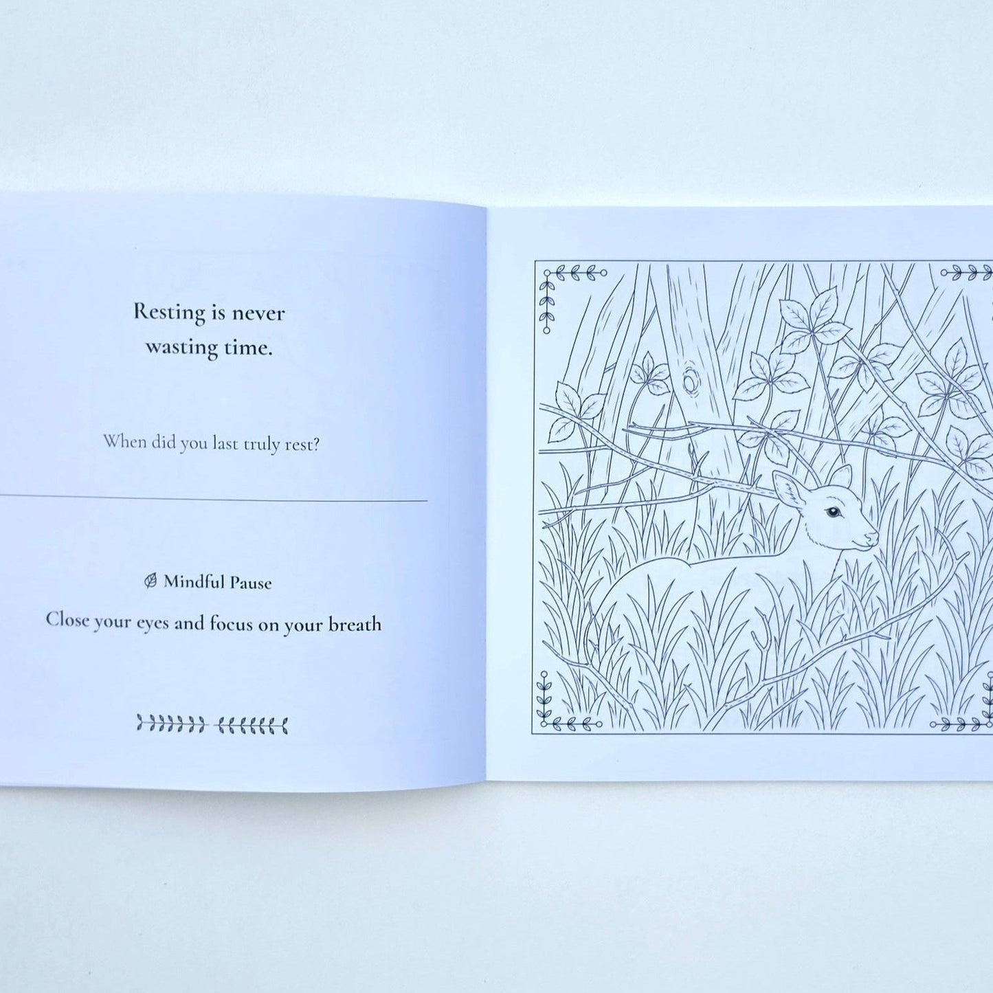 An open journal with text on the left side and a colouring page on the right of a deer in woodland.
