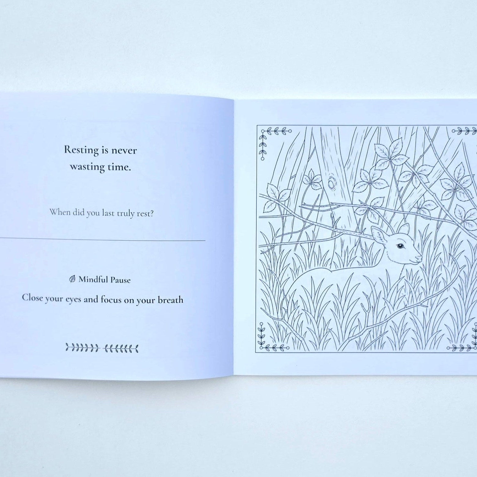 An open journal with text on the left side and a colouring page on the right of a deer in woodland.