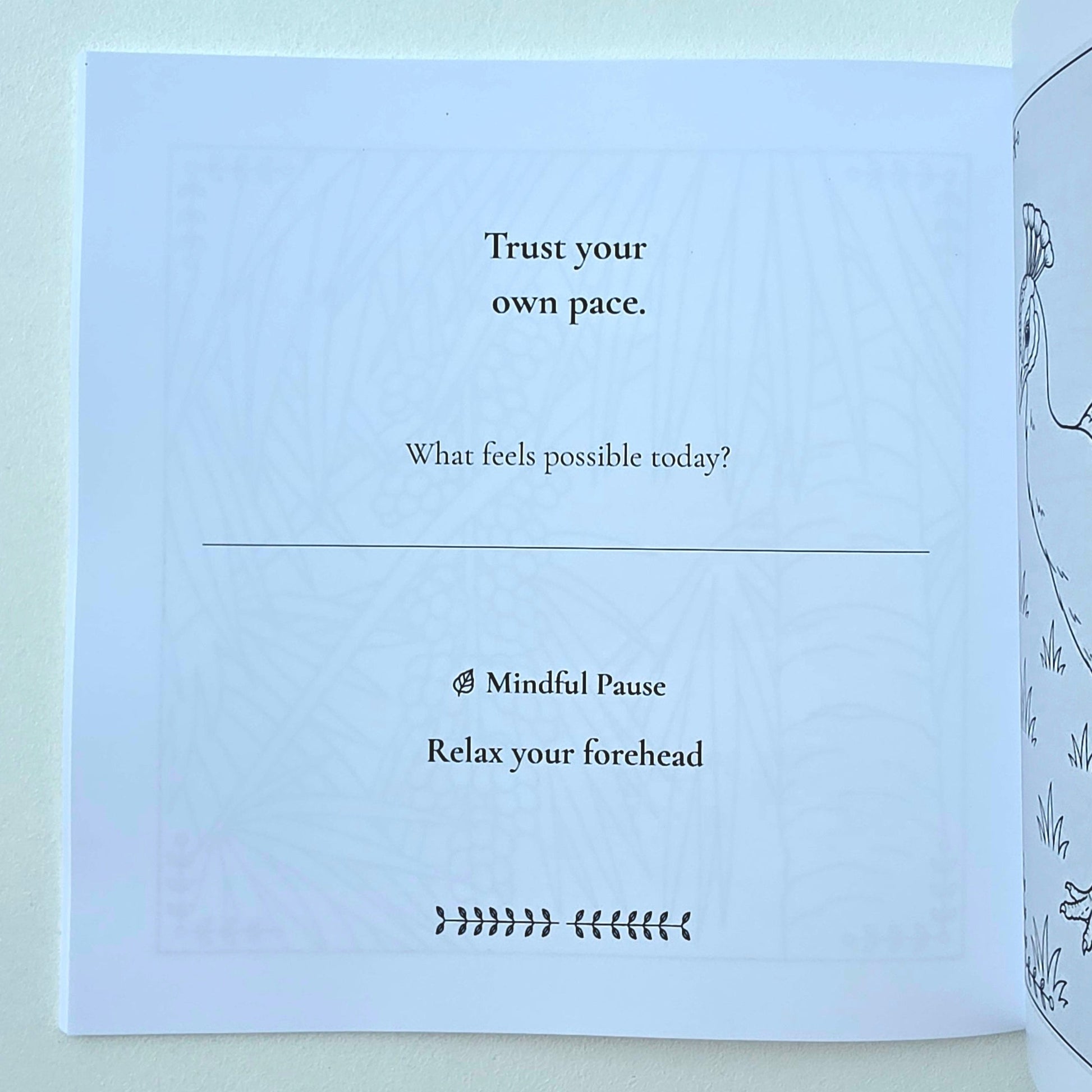 A printed page from a journal or meditation guide with black text on white paper, including the phrases 'Trust your own pace,' 'What feels possible today?', 'Mindful Pause,' and 'Relax your forehead.' 