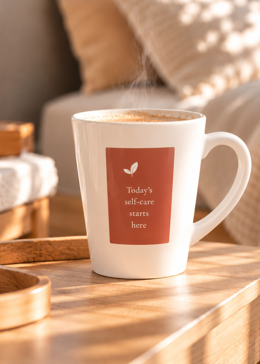 A white ceramic mug with a warm terracotta-colored square label on the front, placed on a wooden table in a cozy, sunlit room. The label features a small leaf icon and the text 'Today's self-care starts here'.