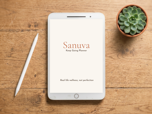 A tablet displaying the 'Sanuva Keep Going Planner' on a wooden desk, styled with a white stylus and a small potted succulent.