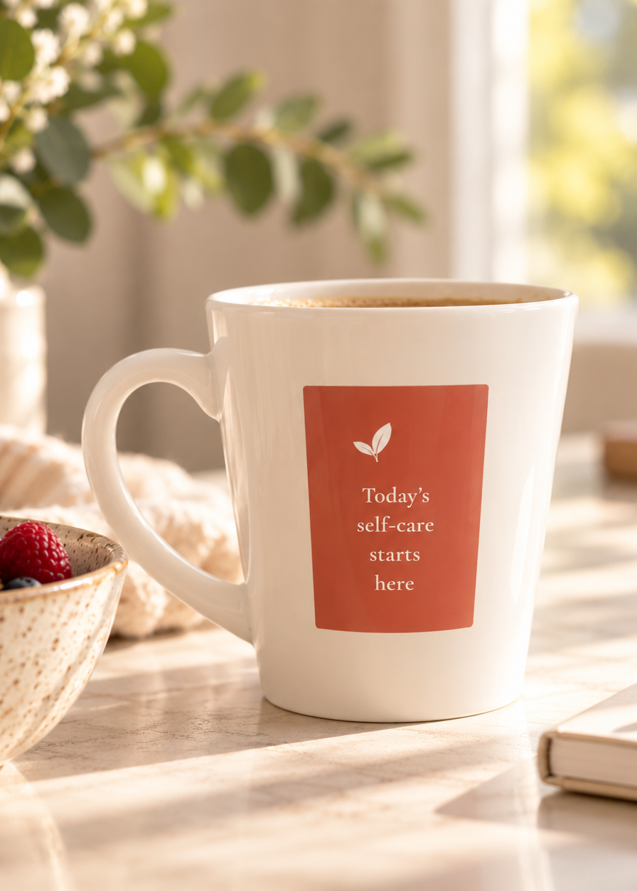 A white ceramic mug with a terracotta-colored square label on the front, placed on a sunlit table next to a bowl of fruit and a notebook. The label reads, 'Today's self-care starts here' with a small leaf icon.