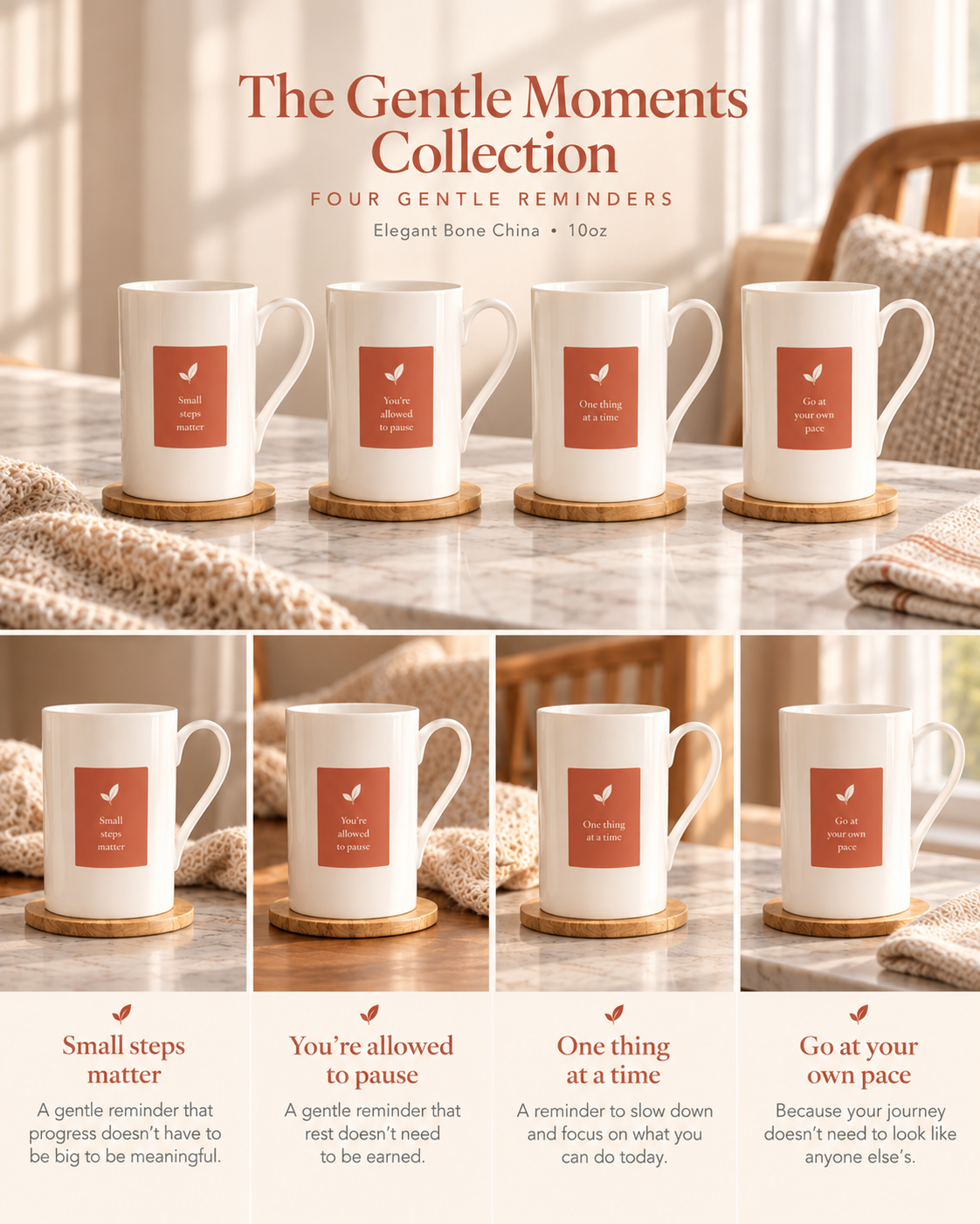A collage-style product listing for a ceramic mug set titled 'The Gentle Moments Collection.' Multiple white bone-china mugs with round wooden coasters and a small terracotta printed card are shown in warm home settings, plus four example quote cards with headings.