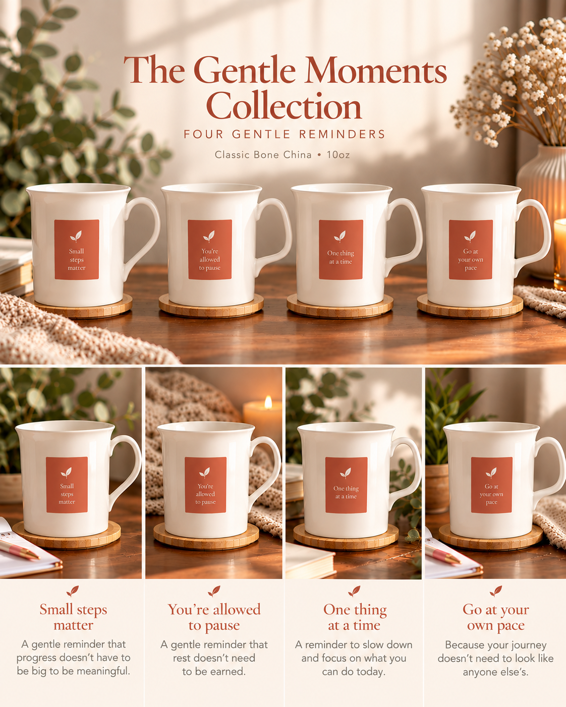 A collage-style product listing for a set of four white ceramic mugs labeled 'The Gentle Moments Collection' with small orange square labels containing inspirational phrases. The top half shows the mugs arranged on a wooden surface with warm decor in the background, and the bottom half shows each mug with a corresponding quote and short description.